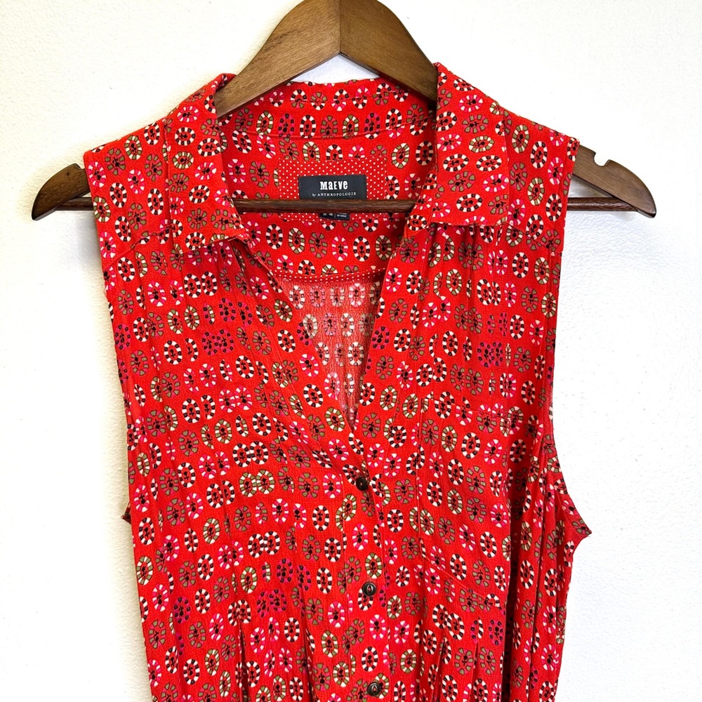 Maeve by Anthropologie Daisy Sleeveless Belted Shirt Dress Red Size 10 - Picture 3 of 9